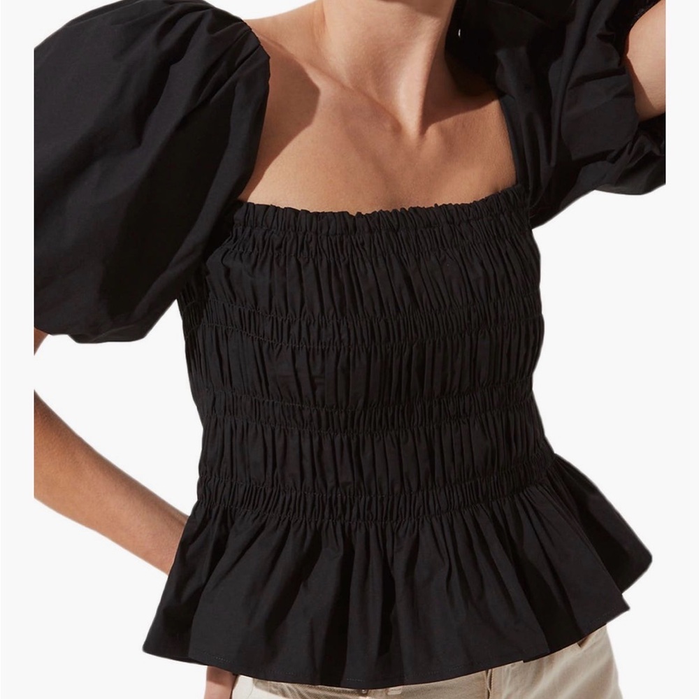 Astr Black Smocked Square-Neck Puff Sleeve Top